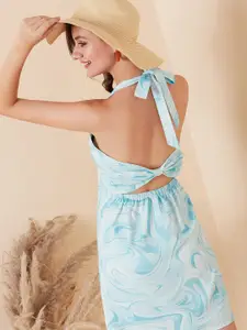 RARE Blue & White Printed Halter Neck A-Line Dress