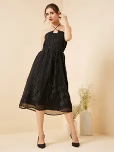 RARE Black Striped Halter Neck Fit & Flare Midi Dress