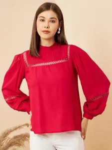 RARE Fuchsia Cuffed Sleeves High Neck Top With Pin Tacks Details