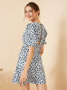 RARE Blue Geometric Printed Puff Sleeves Crepe Sheath Mini Dress