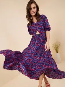 RARE Blue & Red Floral Printed V-Neck Cut Out Detail Puff Sleeve Fit And Flare Maxi Dress