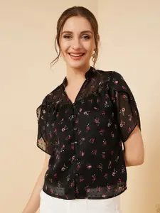 RARE Black Floral Printed Mandarin Collar Flutter Sleeve Shirt Style Top