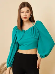 RARE Green Gathered Puff Sleeve Tie-Up Neck Crop Top