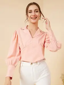 RARE Pink Gathered Shirt Collar Cuffed Sleeves Crop Top