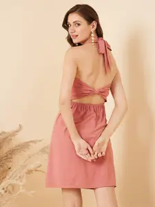 RARE Peach-Colour Gathered Halter Neck A-Line Dress