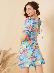 RARE Blue Floral Printed A-Line Puff Sleeves Mini Dress