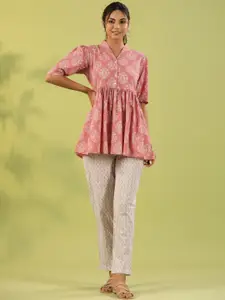 mirari Ethnic Motifs Printed Pure Cotton Top With Trousers