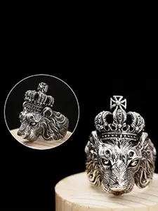 MEENAZ Men Silver-Plated Lion Oxidised Finger Ring
