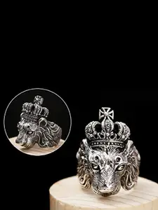MEENAZ Men Platinum-Plated Oxidised Lion Finger Ring
