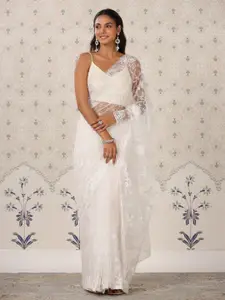 Ode by House of Pataudi White Floral Embroidered Net Saree