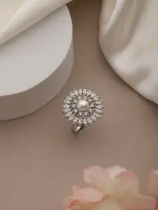 Saraf RS Jewellery Silver-Plated Pearl Stone-Studded Adjustable Finger Ring