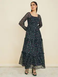Styli Floral Printed Smocked Puff Sleeves Tiered Maxi A-Line Dress