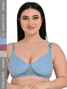 Piylu Pack Of 3 Laced Non Wired Non Padded Cotton Everyday Bra With All Day Comfort
