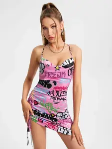 BAESD Typography Printed Cowl Neck Bodycon Mini Dress