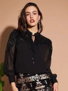 Marie Claire Black High Neck Embellished Top