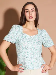 Marie Claire Green Floral Printed Puff Sleeves Regular Top