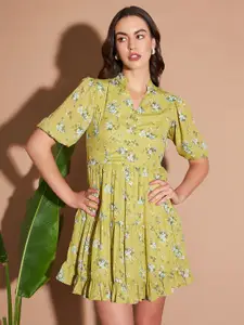 Marie Claire Green Floral Printed V-Neck Puff Sleeves Gathered Fit & Flare Dress