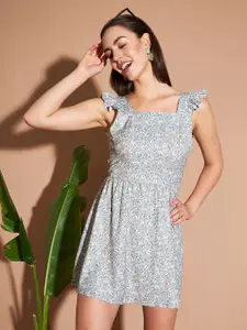 Marie Claire Blue & White Floral Printed Square Neck Cap Sleeves Fit & Flare Dress