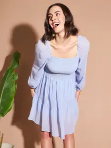 Marie Claire Blue Square Neck Puff Sleeves Smocked Fit & Flare Dress