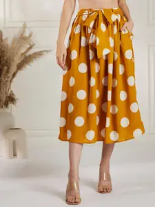 Marie Claire Mustard Yellow Polka Dot Printed Flared Midi Skirt