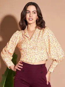 Marie Claire Yellow Floral Printed Cuffed Sleeves Regular Crop Top