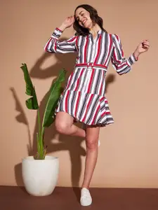 Marie Claire Blue & Red Striped Shirt Collar Cuffed Sleeves Shirt Dress