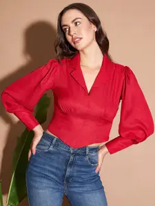 Marie Claire Red Shirt Collar Cuff Sleeves Crepe Crop Top