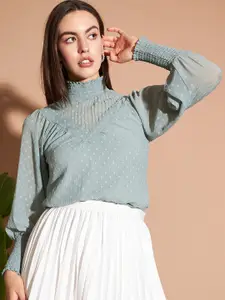 Marie Claire Green Self Designed High Neck Puff Sleeves Top
