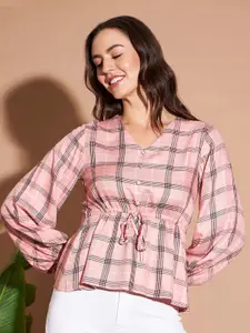 Marie Claire Peach-Coloured Checked Cinched Waist Top