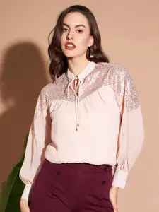 Marie Claire Peach-Coloured Tie-Up Neck Cuffed Sleeves Sequined Regular Top