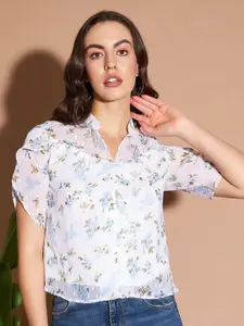 Marie Claire White & Blue Floral Printed V-Neck Top