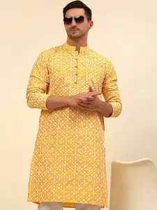 Anouk Mustard And White Floral Embroidered Regular Chikankari Kurta with Pyjama