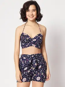 Mitera Navy Blue Floral Printed Crop Top with Shorts & Shrug