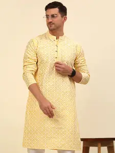 Anouk Yellow & White Ethnic Motifs Chikankari Embroidered Straight Kurta