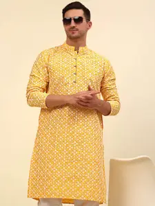Anouk Mustard Yellow Floral Embroidered Thread Work Silk Cotton Kurta