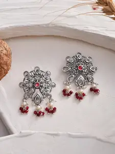 Voylla Silver-Plated Pearl Studded Contemporary Drop Earrings