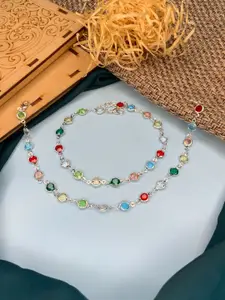 ABDESIGNS Set of 2 Silver-Plated Artificial Stones Studded Anklets