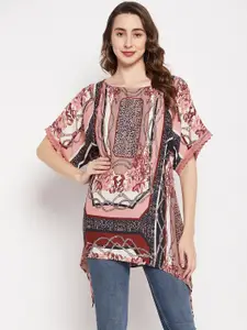 Ruhaans Floral Printed Lace Insert Flared Sleeves Longline Top