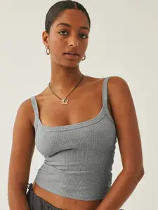 StyleCast Grey Ribbed Shoulder Straps Fitted Crop Top