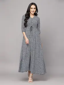 aayu Floral Printed V-Neck Cuffed Sleeves Tie-Ups Detailed Maxi Dress