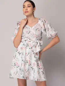 FabAlley White & Pink Floral Printed Puff Sleeves Sweetheart Neck Cotton Fit & Flare Dress