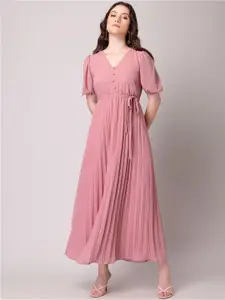 FabAlley Pink Accordion Pleated Puff Sleeves V-Neck Maxi Dress