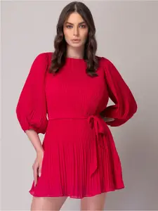FabAlley Pink Accordion Pleated Puff Sleeve A-Line Dress
