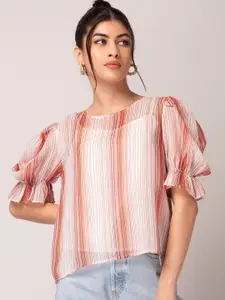 FabAlley White Striped Puff Sleeve Semi Sheer Georgette Top