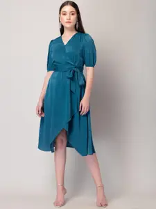 FabAlley Blue Gathered V-Neck Puff Sleeve Midi Warp Dress