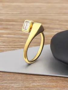 ZIVOM 18K Gold-Plated Cubic Zirconia Studded Rectangle Anti-Tarnish Adjustable Ring