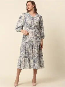 plusS Beige Graphic Printed Puff Sleeve Tiered Fit & Flare Midi Dress