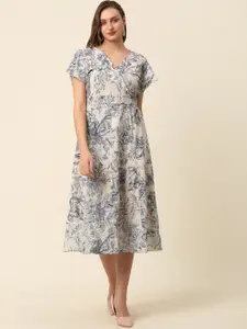 plusS Beige Graphic Printed Flutter Sleeves A-Line Midi Dress