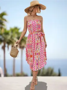 StyleCast Pink & Blue Floral Printed Strapless Fit & Flare Dress