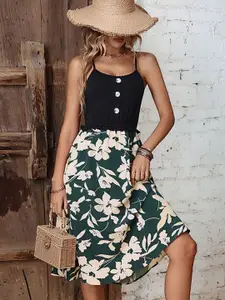 StyleCast Green & Black Floral Printed Shoulder Straps A-Line Dress